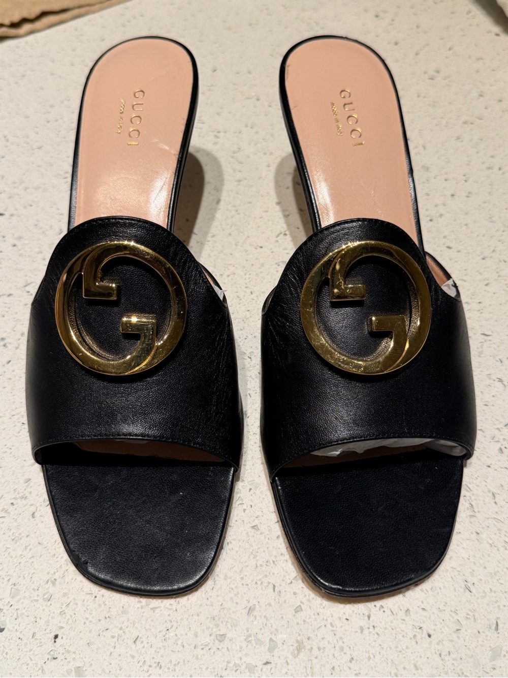 Gucci Black Leather GG Slide Sandals